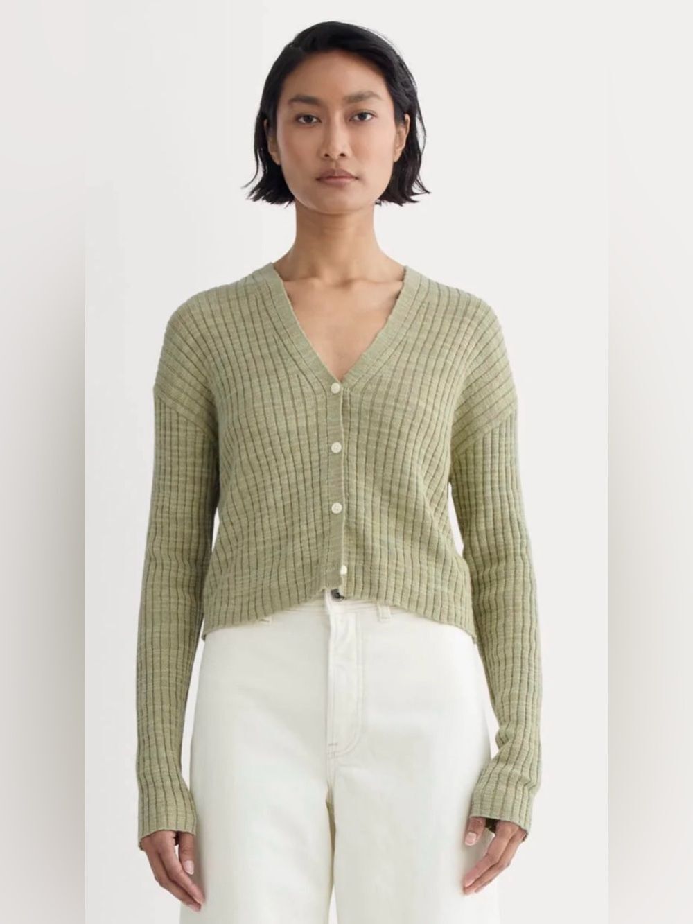New Everlane THE RIBBED CARDIGAN IN COTTON LINEN Eucalyptus Size XS